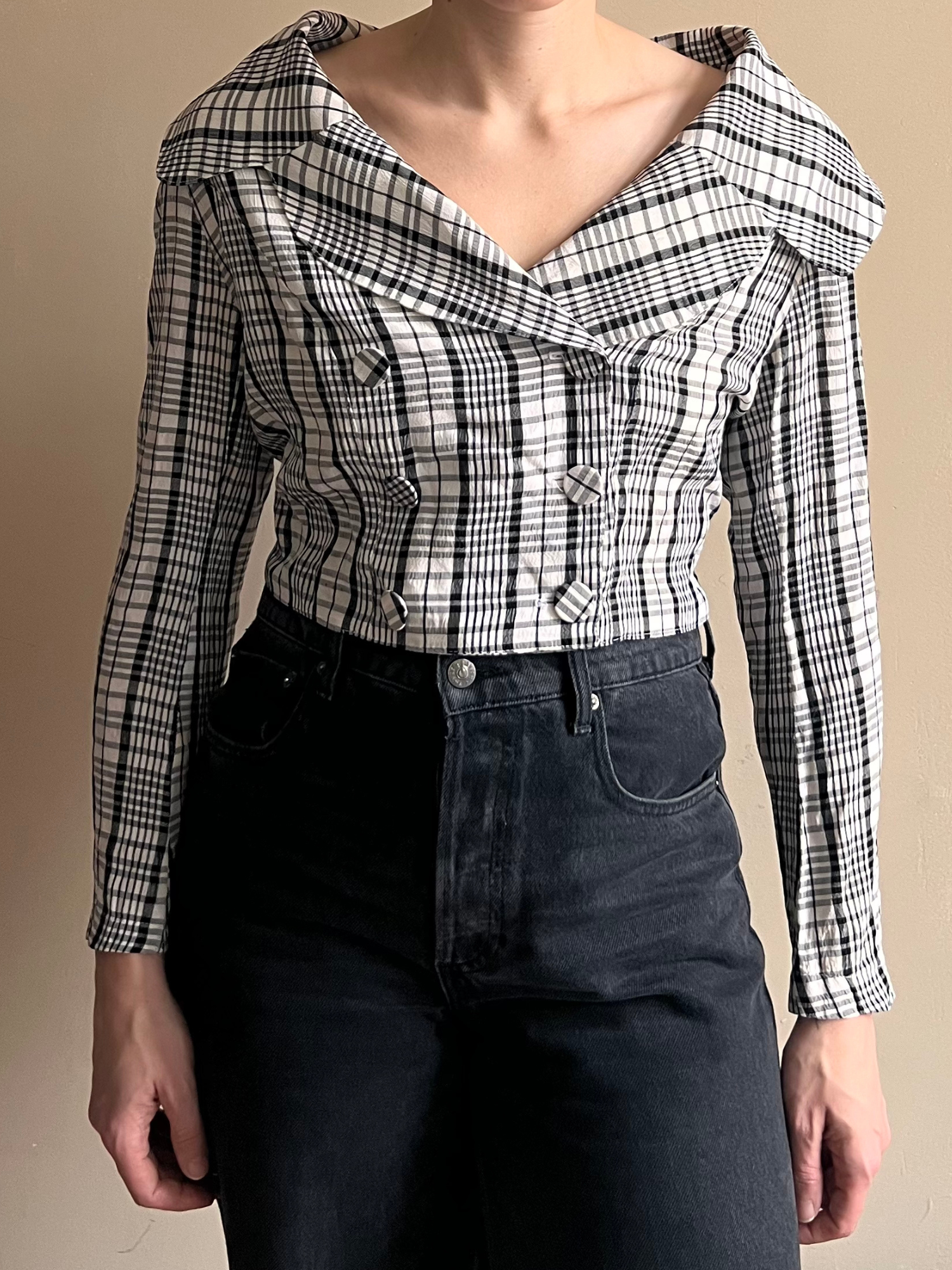 Checkered Double Breasted Short Blouse  -S  | Vintage